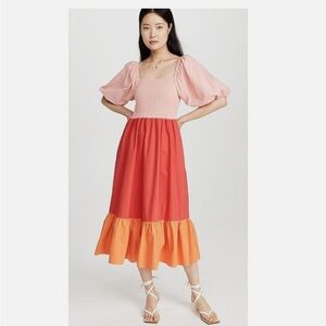 RHODE Eloise Colorblock Smocked Strawberry Multi Midi Dress